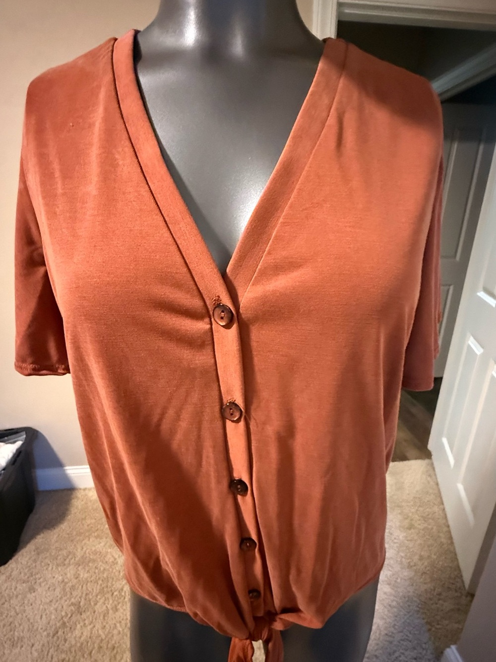 Green Envelope Rust Short-Sleeve Button Tie Top